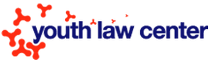 The logo for the youth law center is blue and red