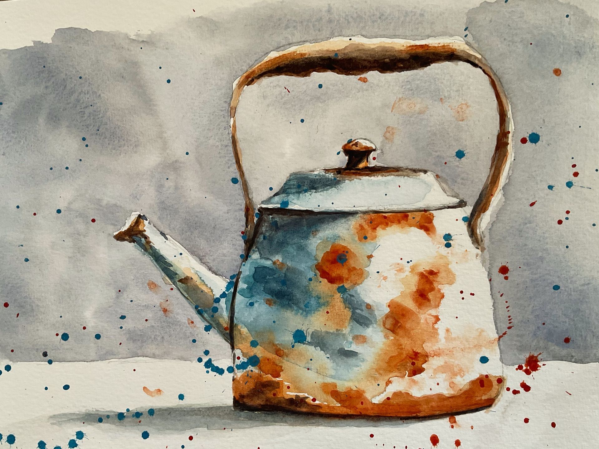 Watercolor painting of a rusty blue and orange kettle with a wooden handle. Splattered with blue and red paint.