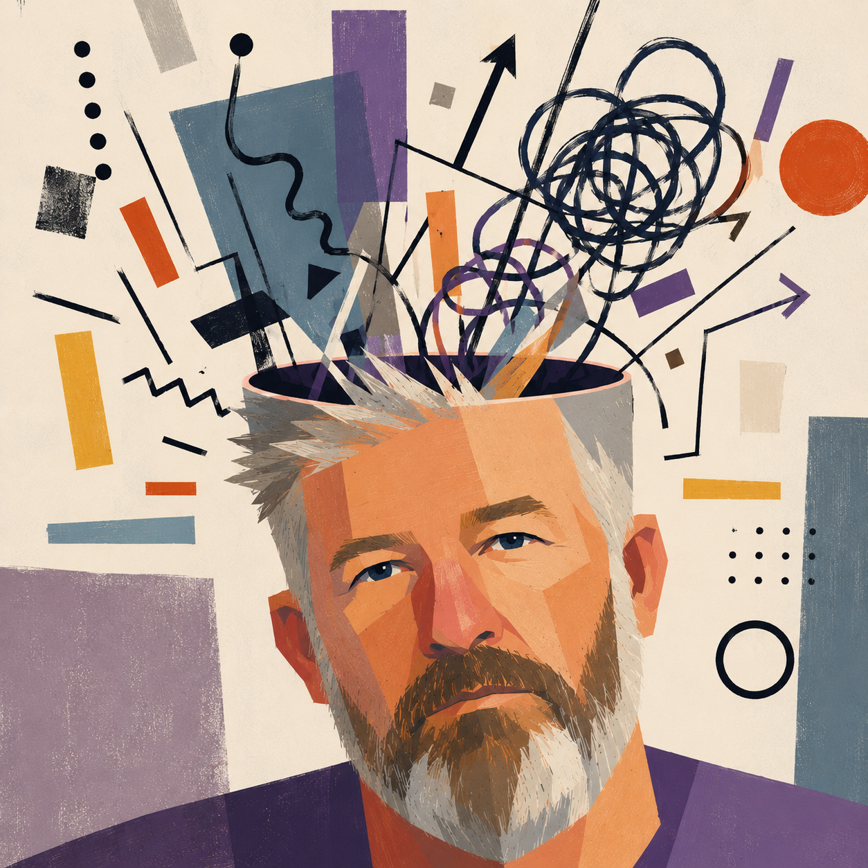 Abstract portrait of a man with gray hair and beard, surrounded by chaotic scribbles, arrows, and geometric shapes