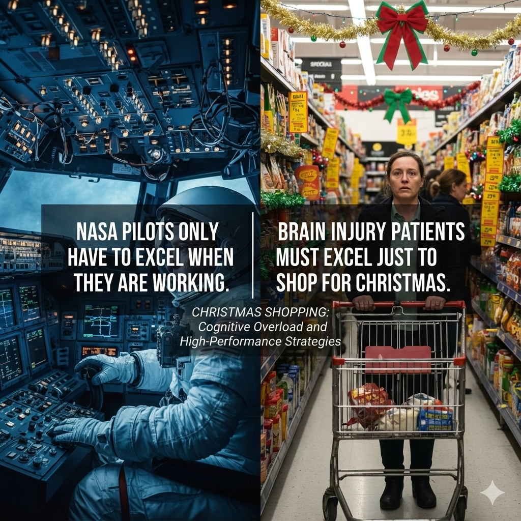 Split image comparing NASA cockpit and supermarket aisle to show cognitive overload in brain injury