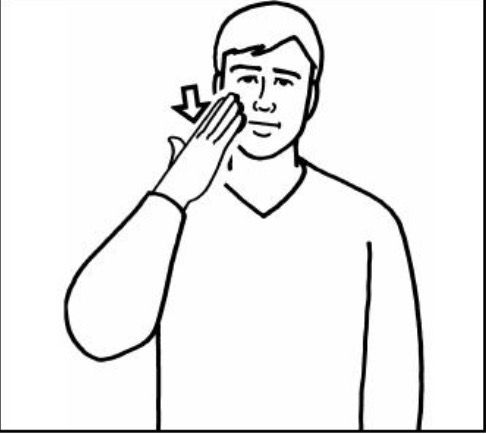 Man touching cheek, indicated by arrow.