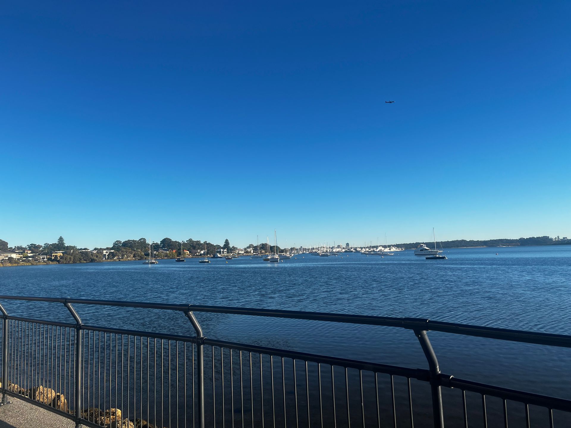 Waterfront city skyline across a calm blue bay under a clear sky, with a railing in the foreground