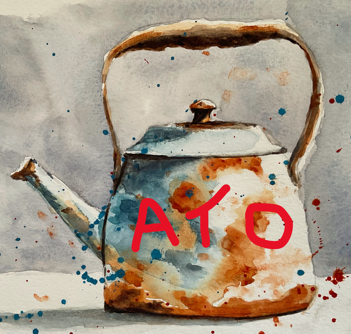 A watercolor painting of a rusted, white kettle with the red letters 