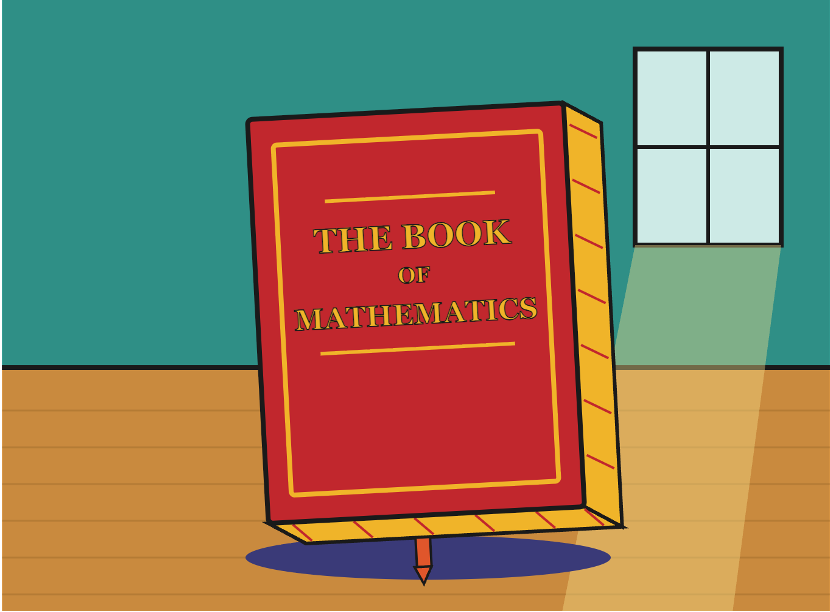Red math book titled “The Book of Mathematics” standing on a wooden floor by a window.