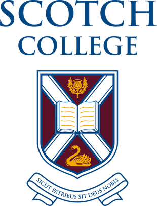 Scotch College logo: blue text above a crest with a cross, book, thistle, swan, and a banner.