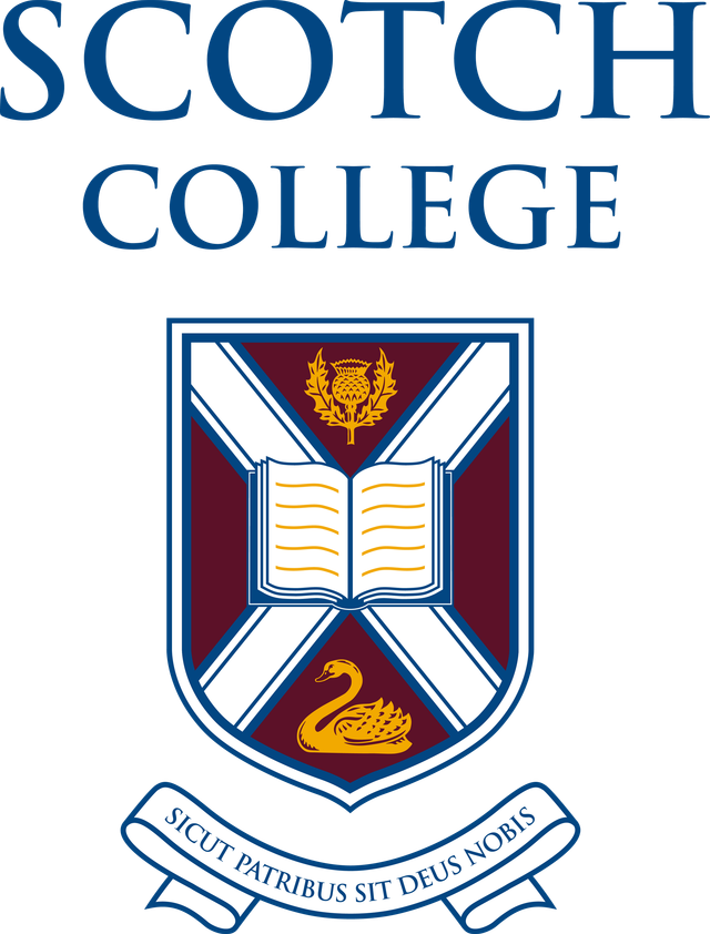 Scotch College logo: blue text above a crest with a cross, book, thistle, swan, and a banner.