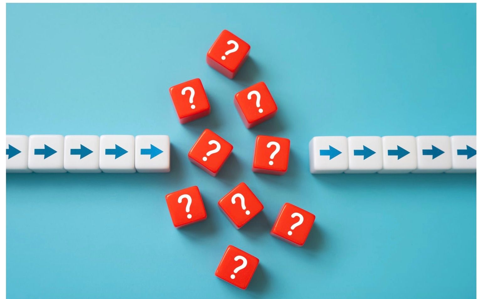 Red question marks blocking a blue arrow path between two rows of directional buttons