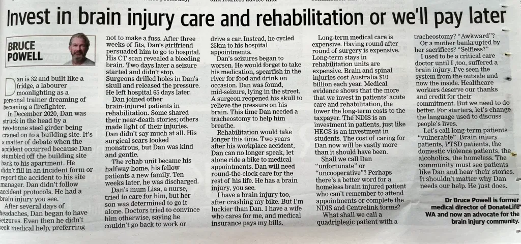 A newspaper article about brain injury care and rehabilitation by Dr Bruce Powell.