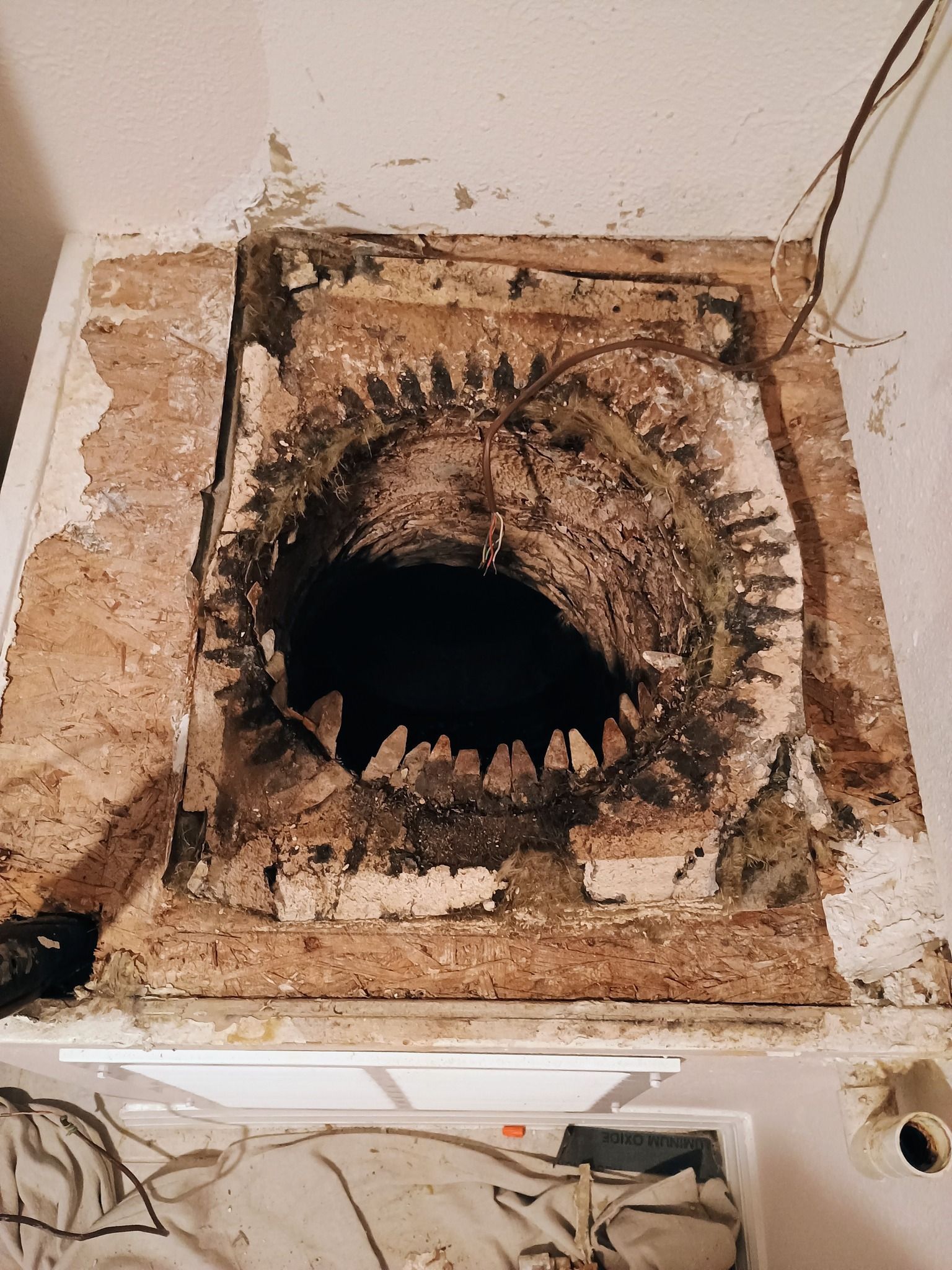Hole in ceiling, dark interior, brickwork visible, surrounded by damaged plaster and wooden frame.