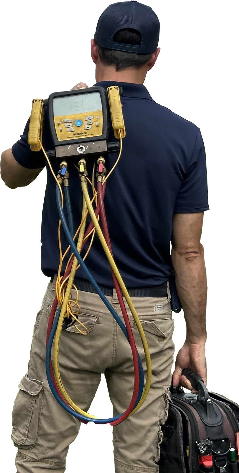HVAC technician holding a diagnostic tool on his shoulder, carrying a toolbox.