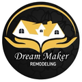 Logo for "Dream Maker Remodeling" featuring a house in gold held by gold hands, within a black circle.