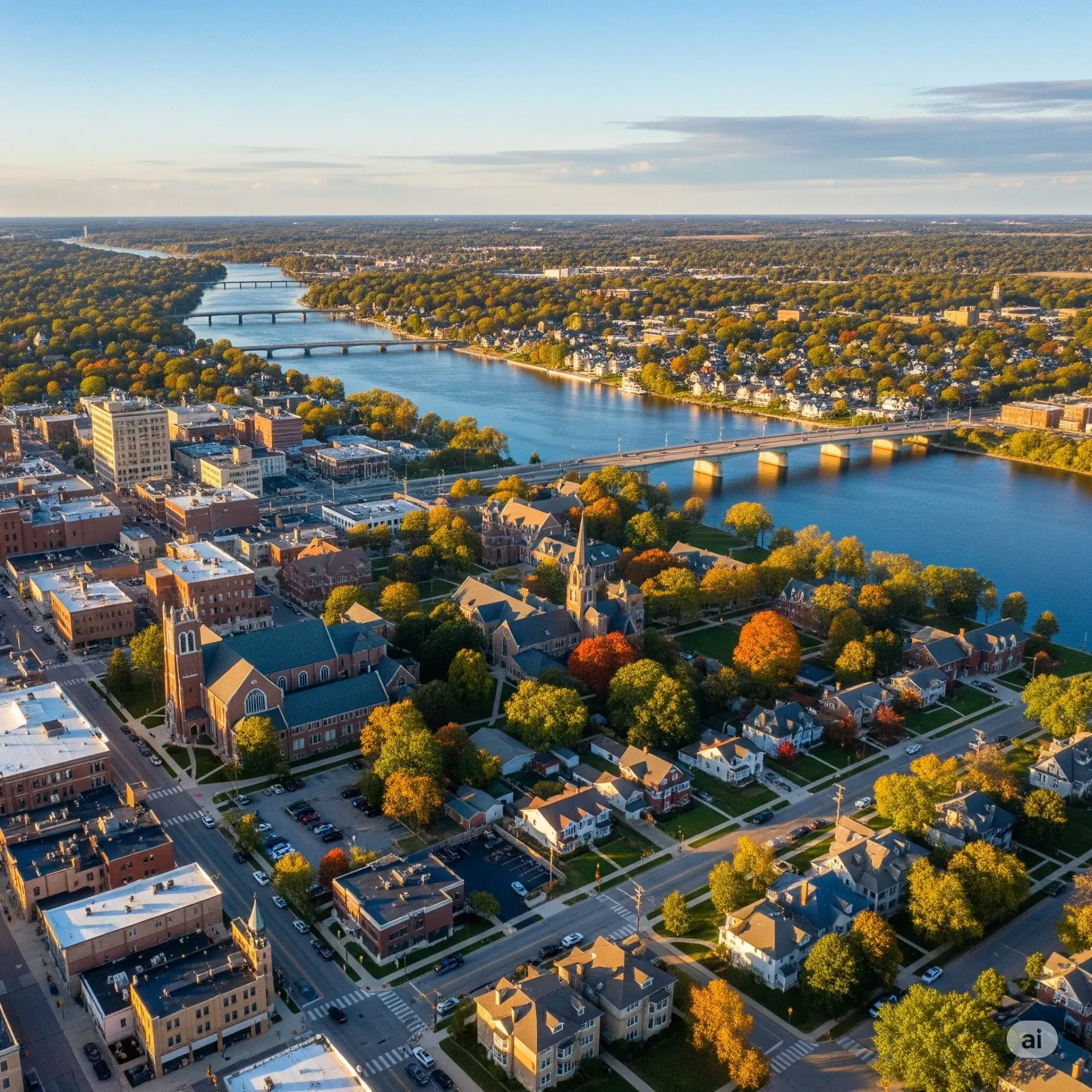 An aerial view of a city with a lake in the background.