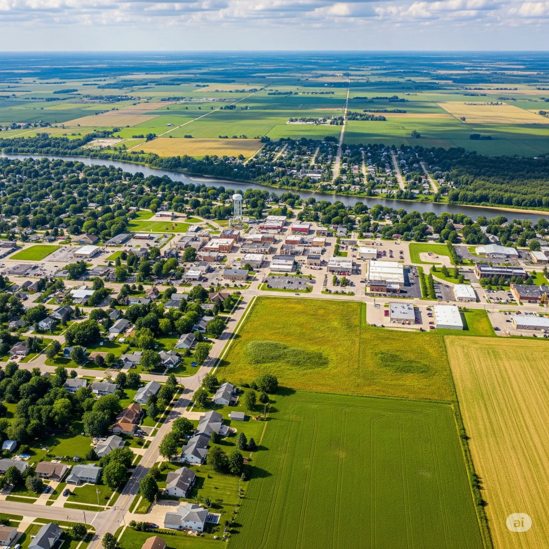 An aerial view of a city with a lake in the background.