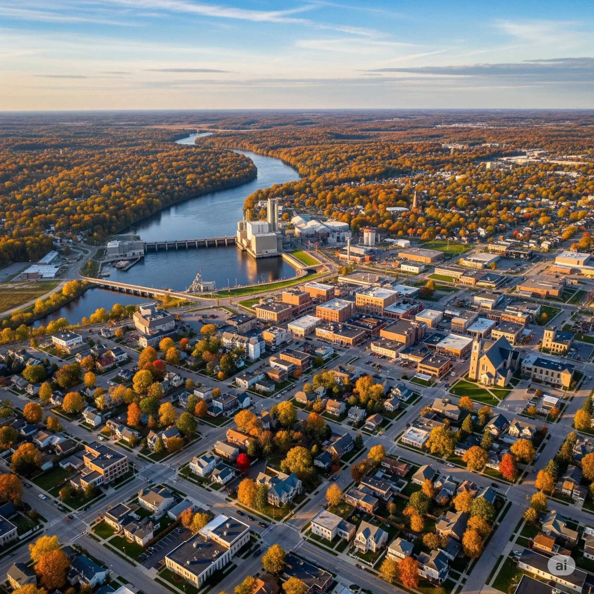 An aerial view of a city with a lake in the background.
