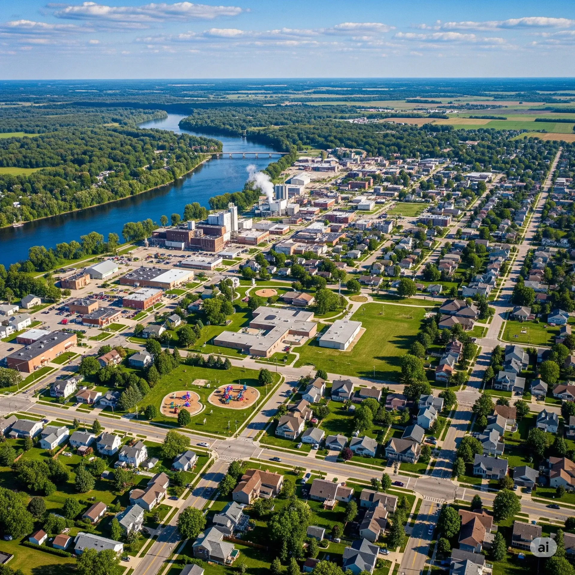 An aerial view of a city with a lake in the background.