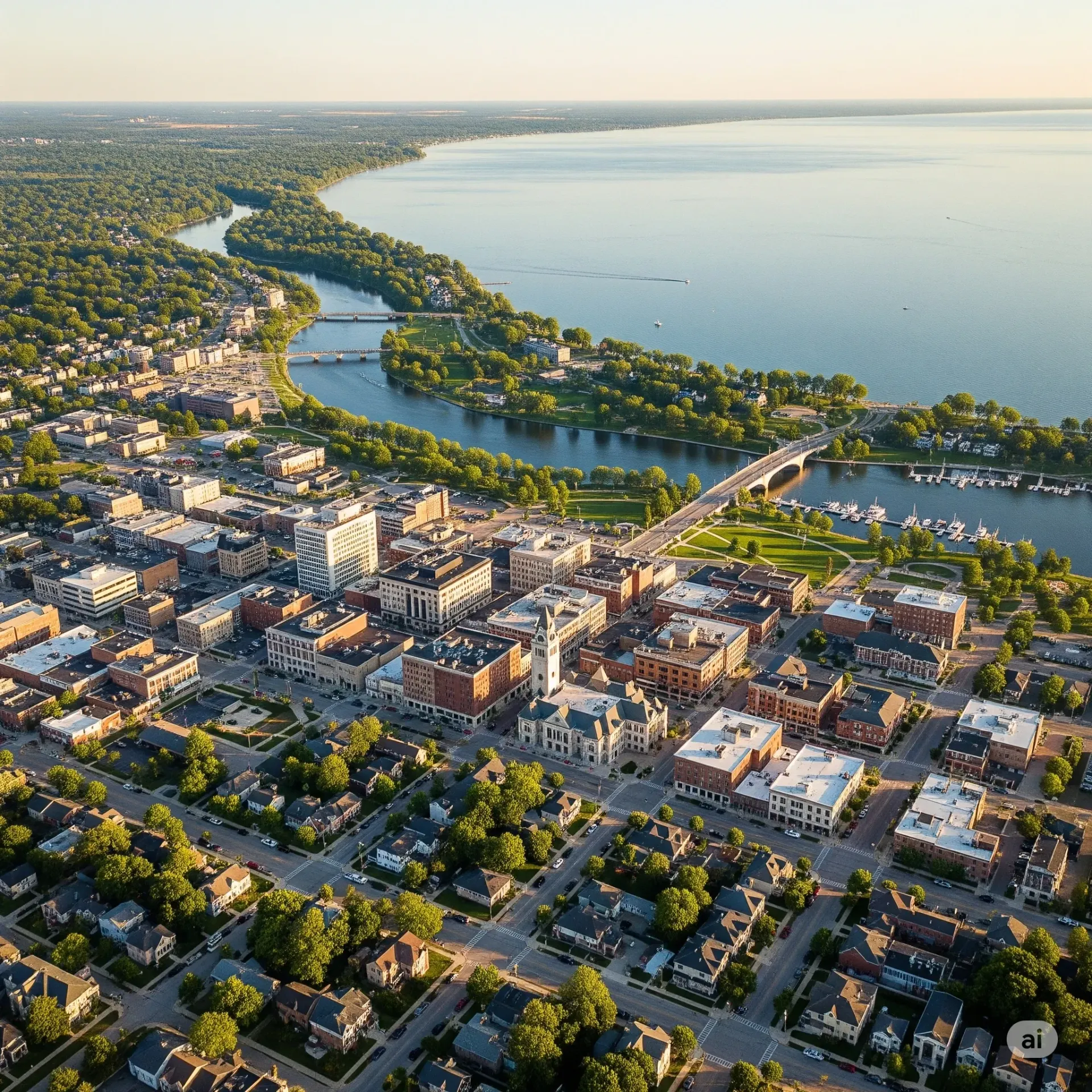 An aerial view of a city with a lake in the background.
