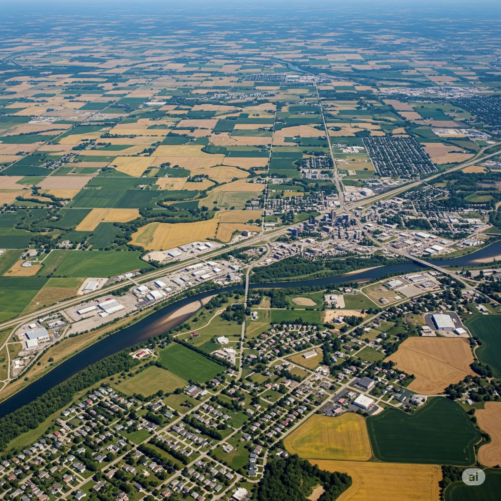 An aerial view of a river surrounded by trees and grass