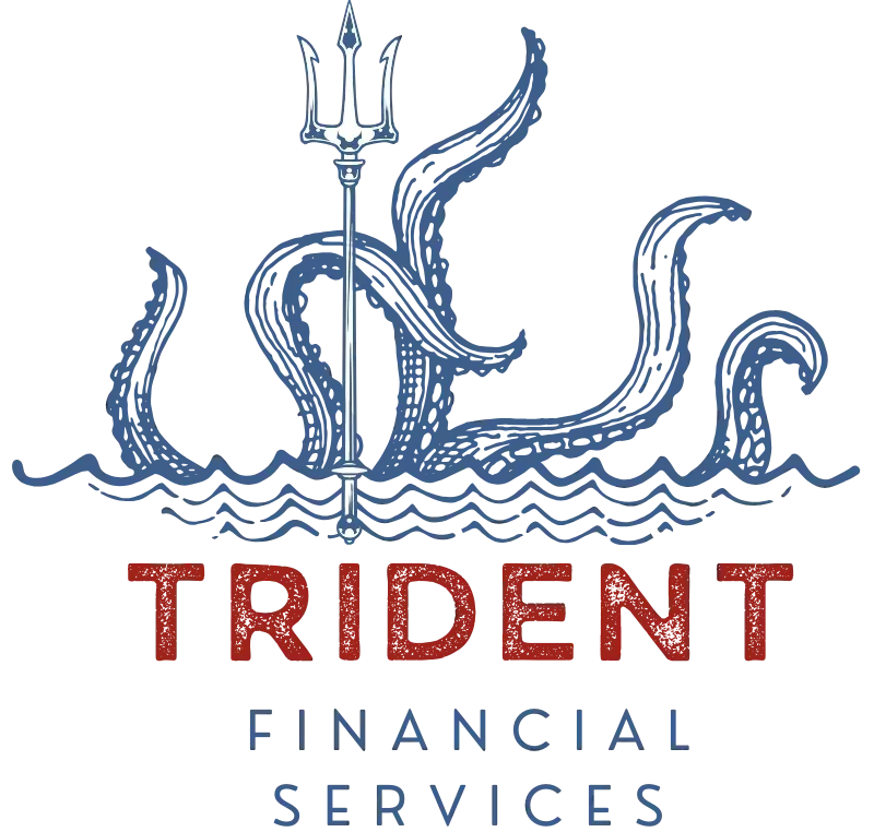 Logo for Trident Financial Services: a trident over waves and octopus tentacles with the company name in red and blue.