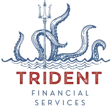 Logo for Trident Financial Services: a trident over waves and octopus tentacles with the company name in red and blue.