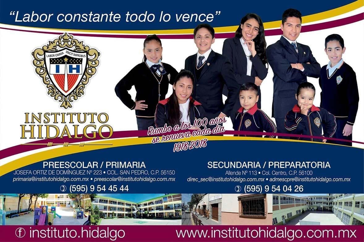 Anuncio para el colegio Instituto Hidalgo: niños en uniforme, logo, información de contacto, sitio web.