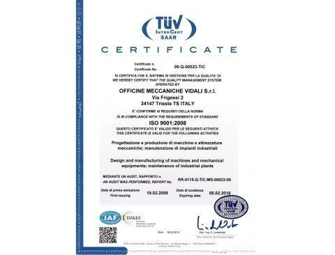 Officine Meccaniche Vidali certificato