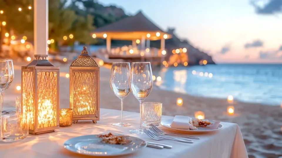 Mesa con cena romántica frente al mar en San Andrés, iluminada con velas, parte de las experiencias exclusivas del Hotel Aquamare.