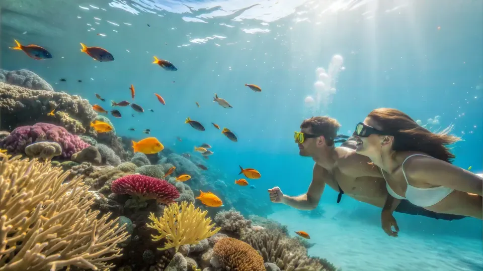 Pareja practicando snorkel en los arrecifes de San Andrés, explorando corales y peces tropicales durante su estadía en el Hotel Aquamare.