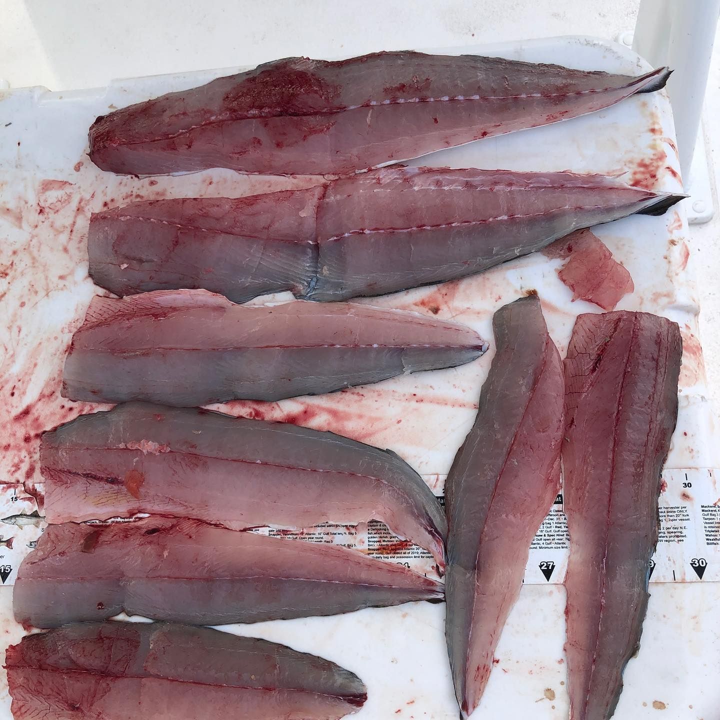 Raw fish fillets on a white surface, some with dark skin, red flesh, likely prepared for cooking.