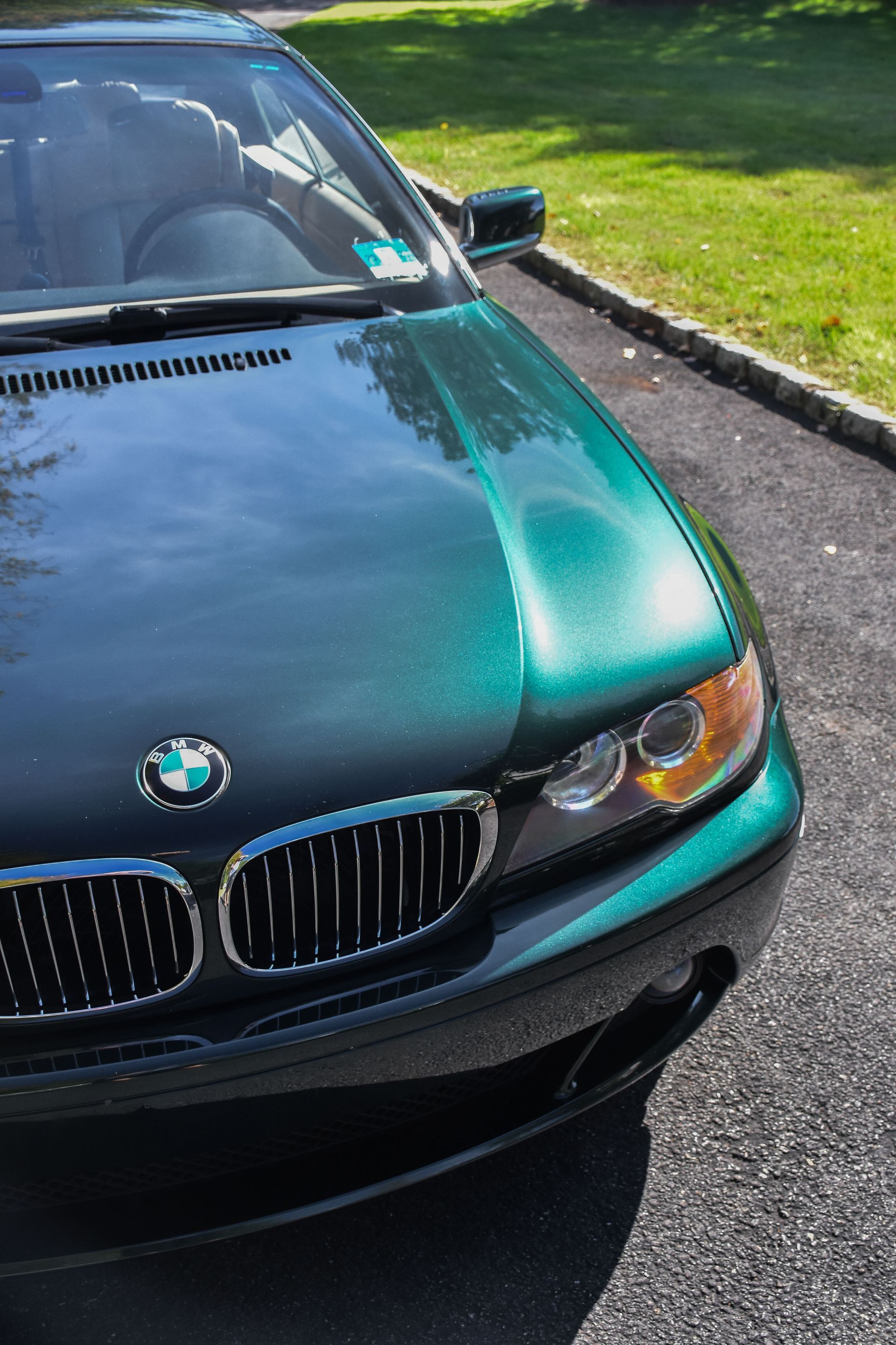 Green BMW car front angled against a paved driveway and grassy area.