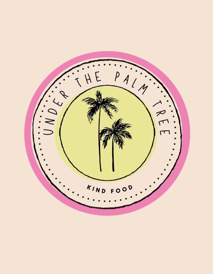 Logo: pink and cream circle with palm trees, text 