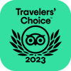 Travelers' Choice 2023 badge, green background, black wreath and owl logo.