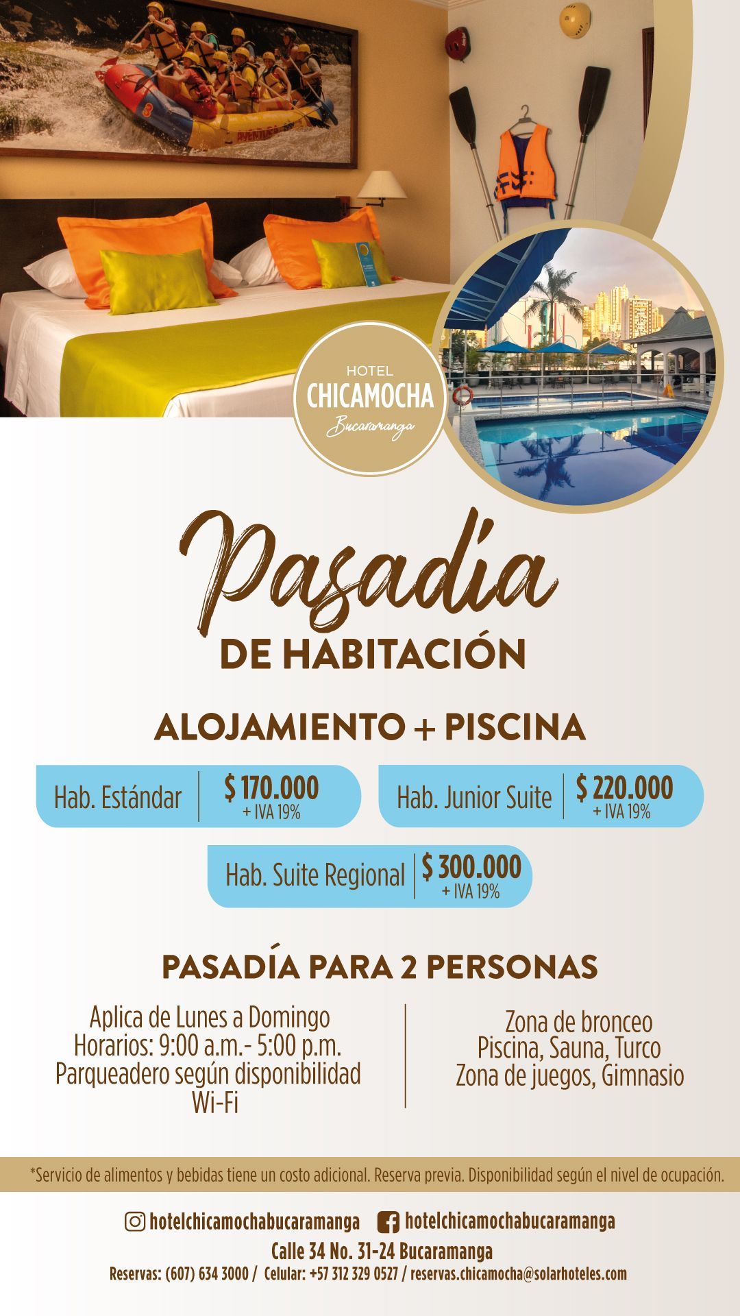 Un cartel de un hotel con una cama y una piscina.