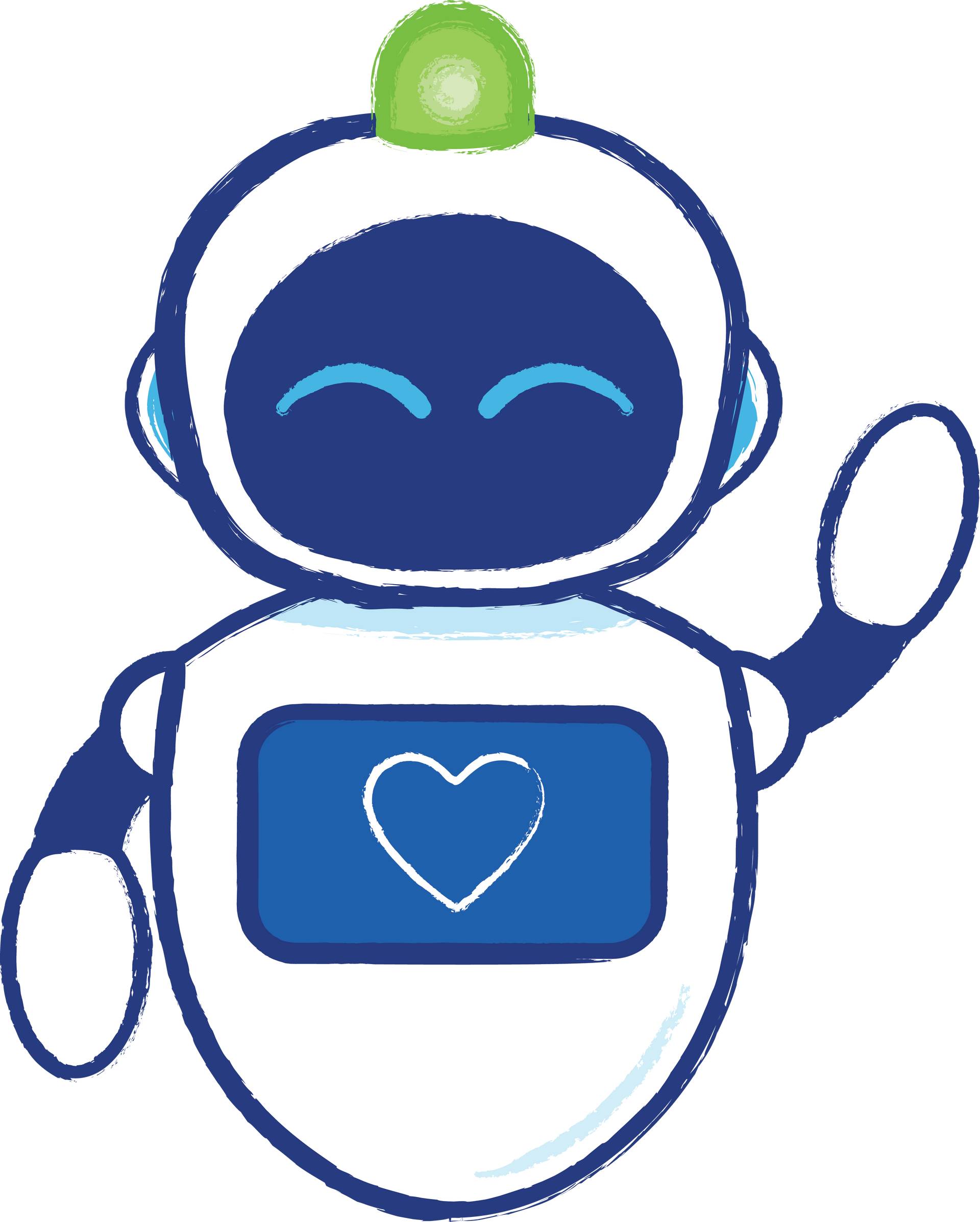 RPA Robot with 1 hand in the air and a heart showing on a chest screen