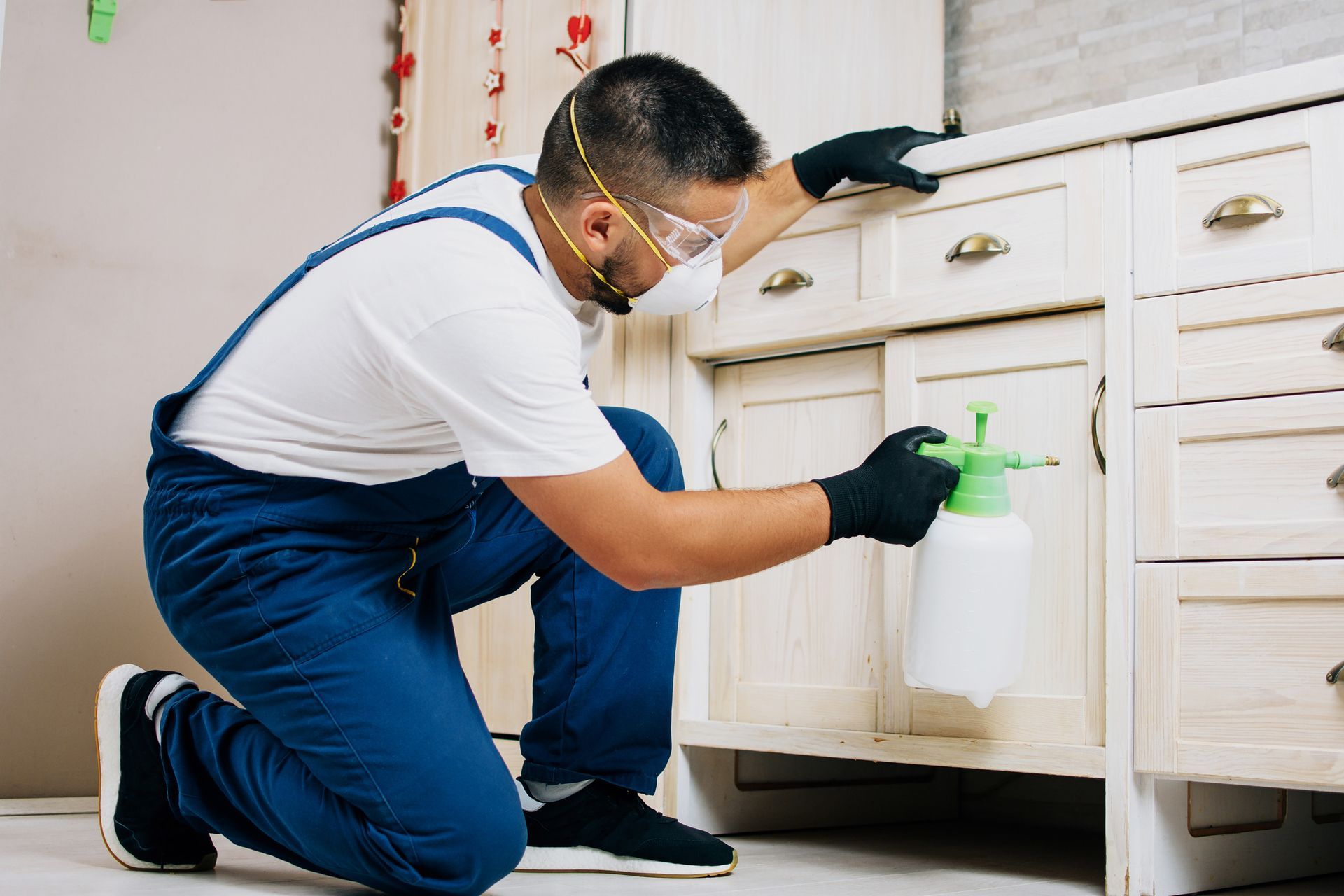 A male termite control expert in safety gear is spraying pesticide in residential kitchen cabinets. A male termite control expert in safety gear is spraying pesticide in residential kitchen cabinets.