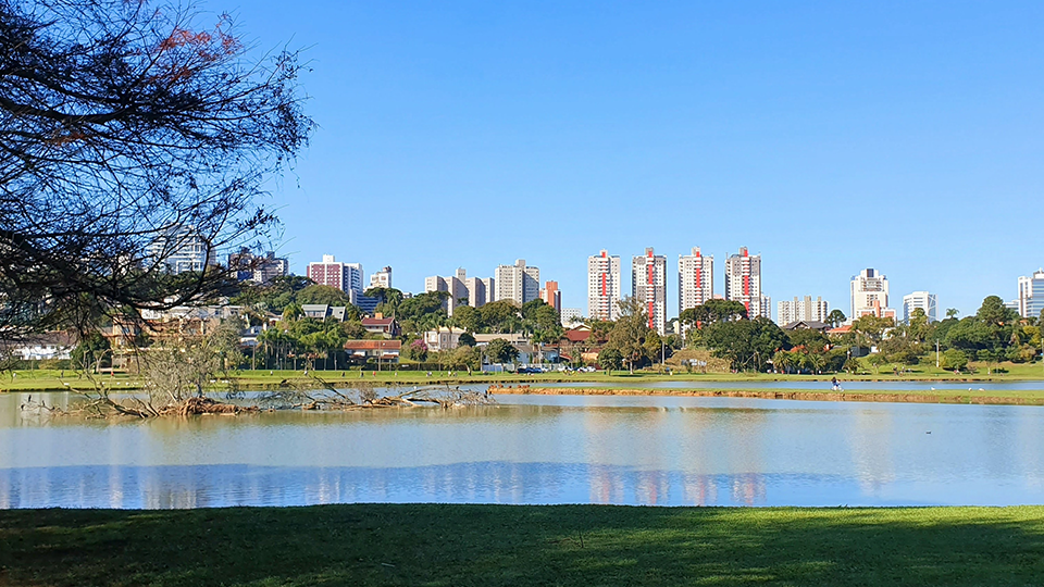 There is a lake in the middle of a park with a city in the background.
