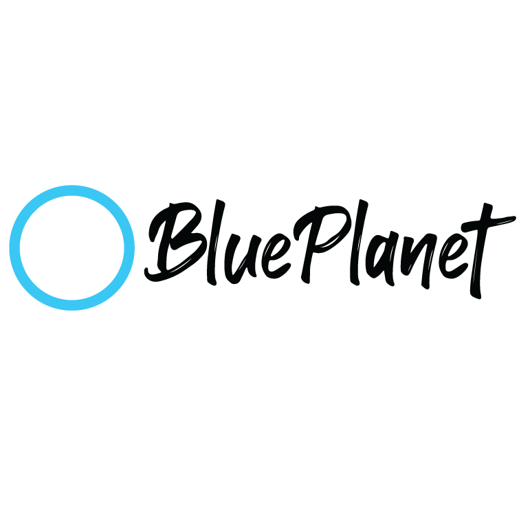 A blue planet logo with a blue circle in the middle.
