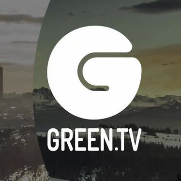 A logo for green.tv with mountains in the background