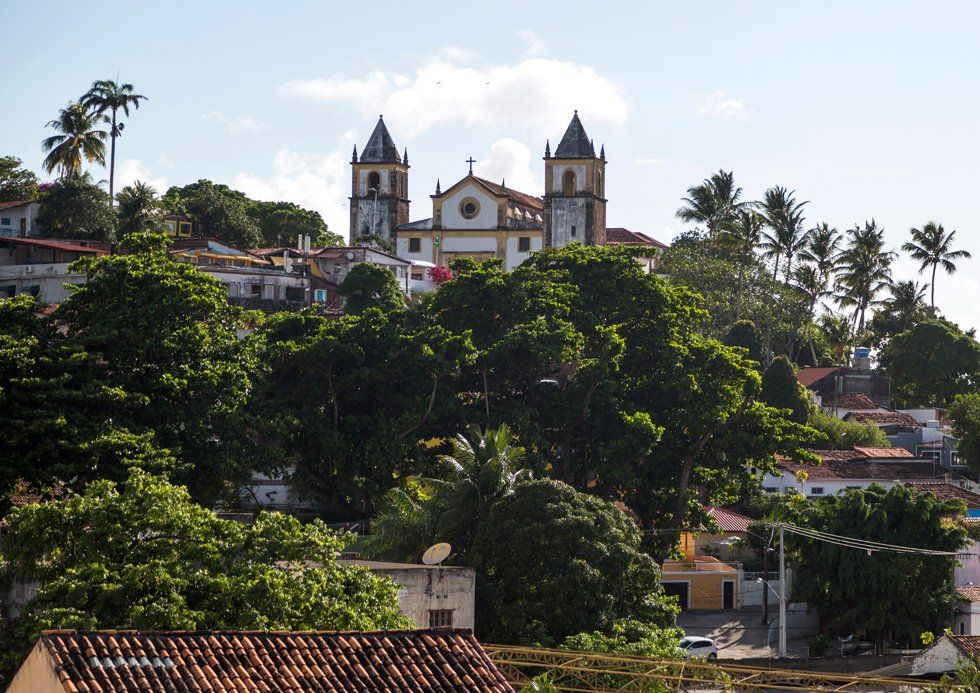 A church sits on top of a hill surrounded by trees