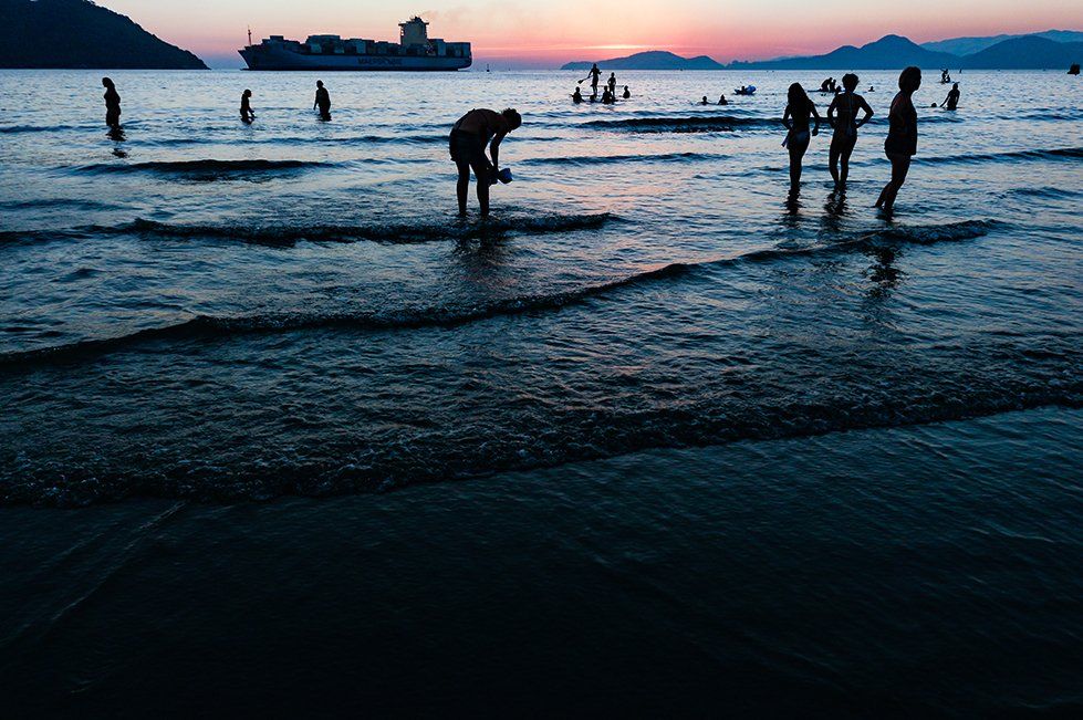 A view of bathers on a beach in Santos