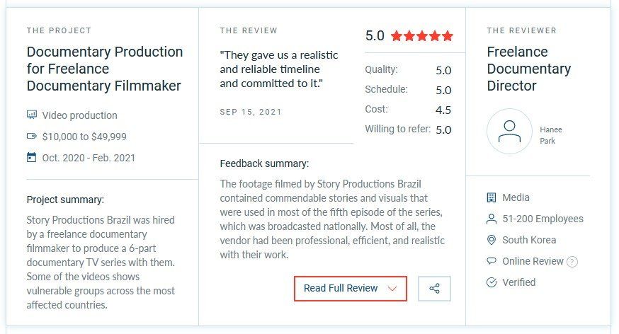 A screenshot of a website for documentary production for freelance documentary filmmaker.