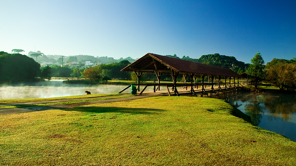 A wooden pavilion is sitting next to a lake in a park.
