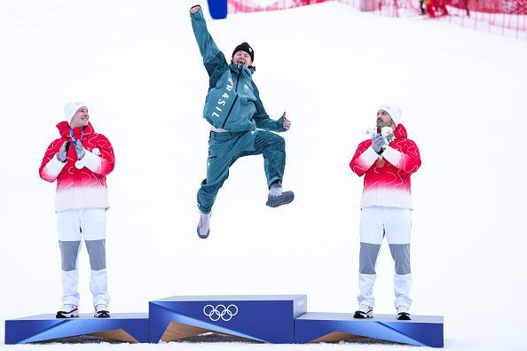 Lucas Pinheiro Braathen celebrates on the podium after winning gold in the men's giant slalom at the Milano Cortina 2026 Winter Olympics in Bormio, Italy. Photo: Anadolu via Getty Images