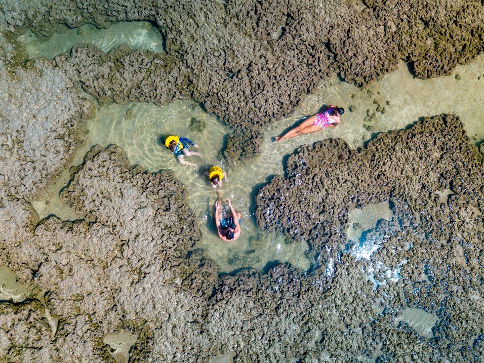 An aerial view of three people floating on rafts in the water.