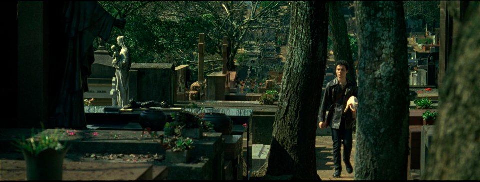 A man is walking through a cemetery surrounded by trees.