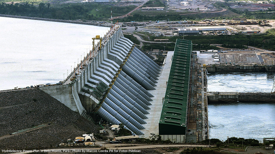 An aerial view of a large dam on a river