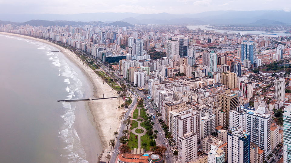 An aereal view of Santos' shore and urban landscape