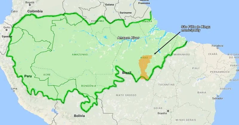 São Félix do Xingu in the Amazon Rainforest A map of the world with a green border