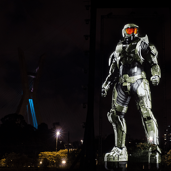 On location at a coffee farm in rural Brazil A statue of a halo soldier is lit up at night
