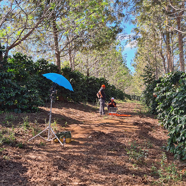 The Story Productions crew films on location in rural Brazil A man is standing in the middle of a forest with a blue umbrella.