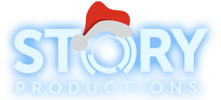 The logo for story productions has a santa hat on it